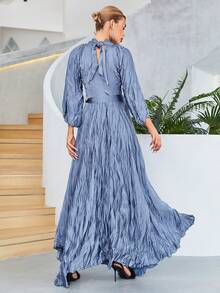 Mock Neck Lantern Sleeve Belted Dress - Baby Blue - View 2