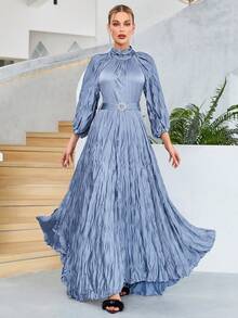 Mock Neck Lantern Sleeve Belted Dress - Baby Blue - View 3