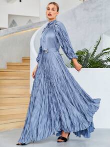 Mock Neck Lantern Sleeve Belted Dress - Baby Blue - View 4