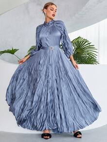 Mock Neck Lantern Sleeve Belted Dress - Baby Blue - View 5