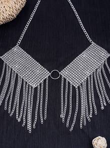 Rhinestone Decor Fringe Hem Halter Top - Silver - View 1