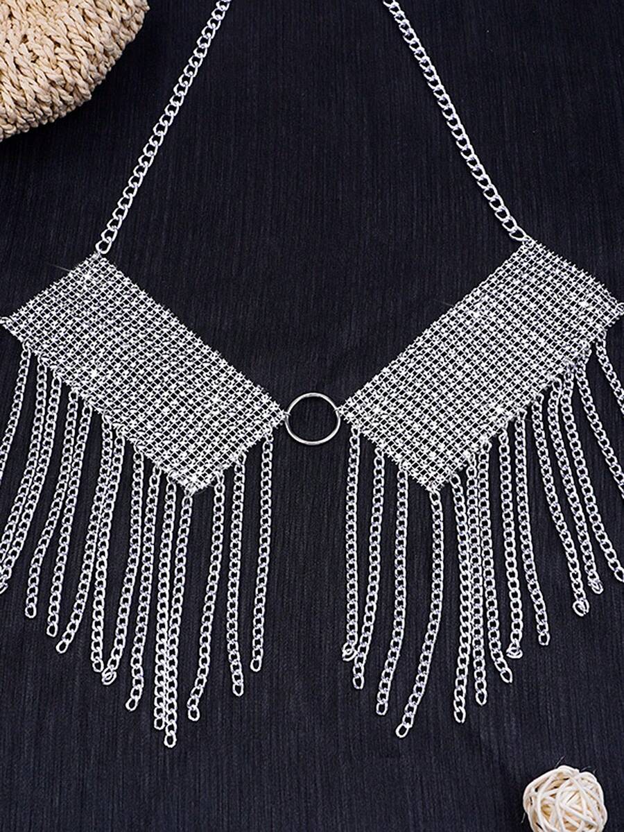 Rhinestone Decor Fringe Hem Halter Top - Silver - View 1