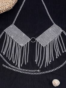Rhinestone Decor Fringe Hem Halter Top - Silver - View 2