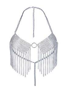 Rhinestone Decor Fringe Hem Halter Top - Silver - View 4