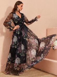 Floral Print Flare Sleeve Belted Mesh Overlay Dress - Black - View 4