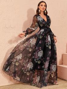 Floral Print Flare Sleeve Belted Mesh Overlay Dress - Black - View 5