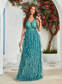 净色分层荷叶边网眼连衣裙 - 青碧色 - 查看 1