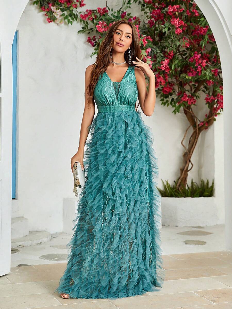 净色分层荷叶边网眼连衣裙 - 青碧色 - 查看 1