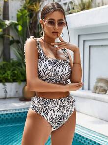 UNIQUE21 Allover Print High Waisted Bikini Set Summer - White - View 3