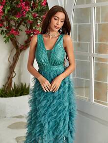 净色分层荷叶边网眼连衣裙 - 青碧色 - 查看 3