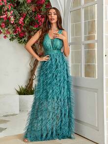 净色分层荷叶边网眼连衣裙 - 青碧色 - 查看 5