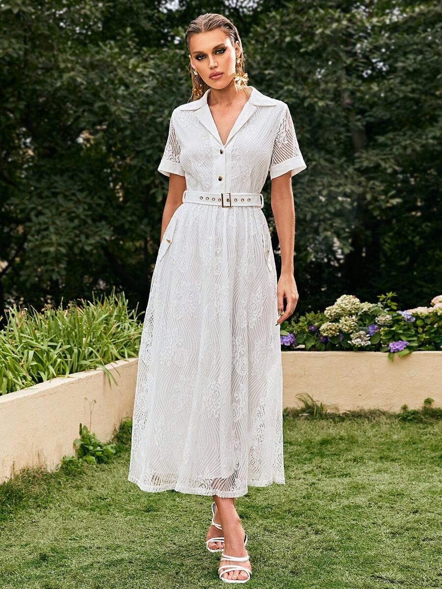 Sollinarry 西裝領腰帶蕾絲洋裝 - 白色 - 查看 1