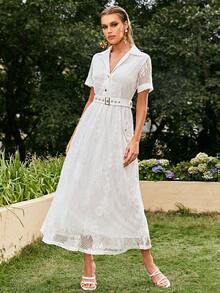 Sollinarry 西裝領腰帶蕾絲洋裝 - 白色 - 查看 3