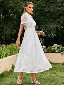 Sollinarry 西裝領腰帶蕾絲洋裝 - 白色 - 查看 6