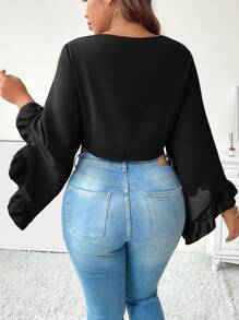 Calvaya Blusa corta de mujer con manga acampanada y nudo delantero - Negro - Ver 2