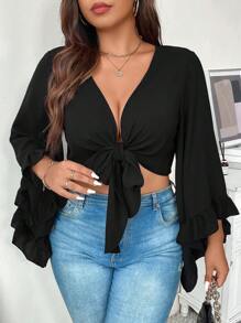 Calvaya Blusa corta de mujer con manga acampanada y nudo delantero - Negro - Ver 6