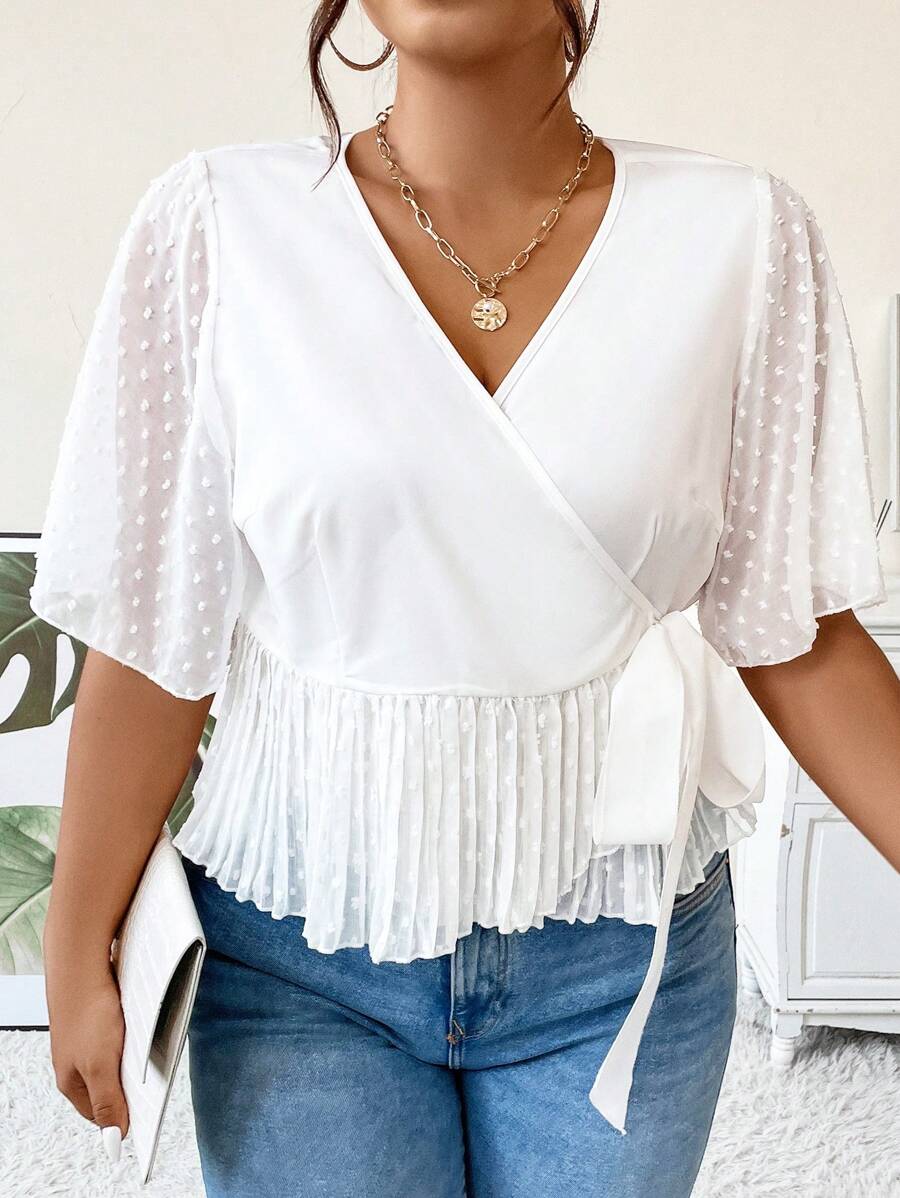 Celure 大碼圓點蝴蝶袖側打結襯衫 - 白色 - 查看 1