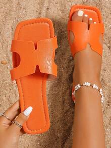 Korean Style Casual Flat Slides Sandals For Women, Summer Open Toe Woven Roman Slippers Outdoor Wear With Dresses, Beach, Apartment, White, Beige, Black, Orange, Yellow, Purple, Grey, Gold, Silver, Blue, Green, Pink, Brown, Leopard, Formal, Vacation, Navy Blue, Crystal, Canvas, Comfy, Slip-On - Beige - View 3