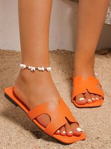 Korean Style Casual Flat Slides Sandals For Women, Summer Open Toe Woven Roman Slippers Outdoor Wear With Dresses, Beach, Apartment, White, Beige, Black, Orange, Yellow, Purple, Grey, Gold, Silver, Blue, Green, Pink, Brown, Leopard, Formal, Vacation, Navy Blue, Crystal, Canvas, Comfy, Slip-On - Beige - View 5