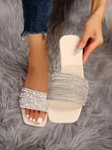 Women's Flat Sandals With Rhinestone Decor For Fashionable, Comfortable And Versatile Outdoor Use Valentines - Beige - View 1
