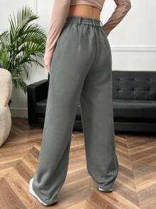 SHEIN EZwear Chi tiết Patched thư Eo dây rút Chân thẳng Quần thể thao - Xám - Xem 2