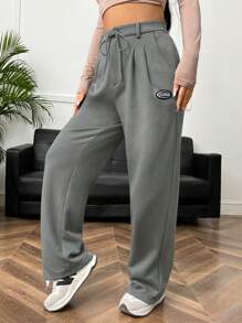 SHEIN EZwear Chi tiết Patched thư Eo dây rút Chân thẳng Quần thể thao - Xám - Xem 3