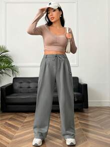 SHEIN EZwear Chi tiết Patched thư Eo dây rút Chân thẳng Quần thể thao - Xám - Xem 5