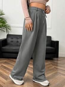 SHEIN EZwear Chi tiết Patched thư Eo dây rút Chân thẳng Quần thể thao - Xám - Xem 6