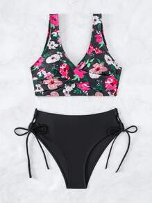 印花側抽繩比基尼泳裝 - 彩色 - 查看 1