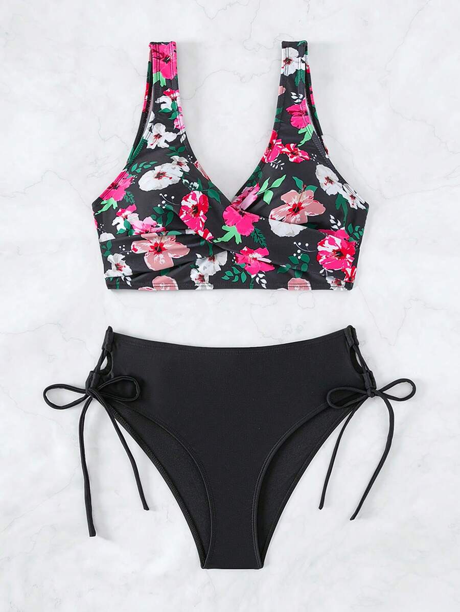 印花側抽繩比基尼泳裝 - 彩色 - 查看 1