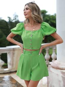 SHEIN Privé 泡泡袖前紐扣短款上衣&短褲 - 綠色 - 查看 1