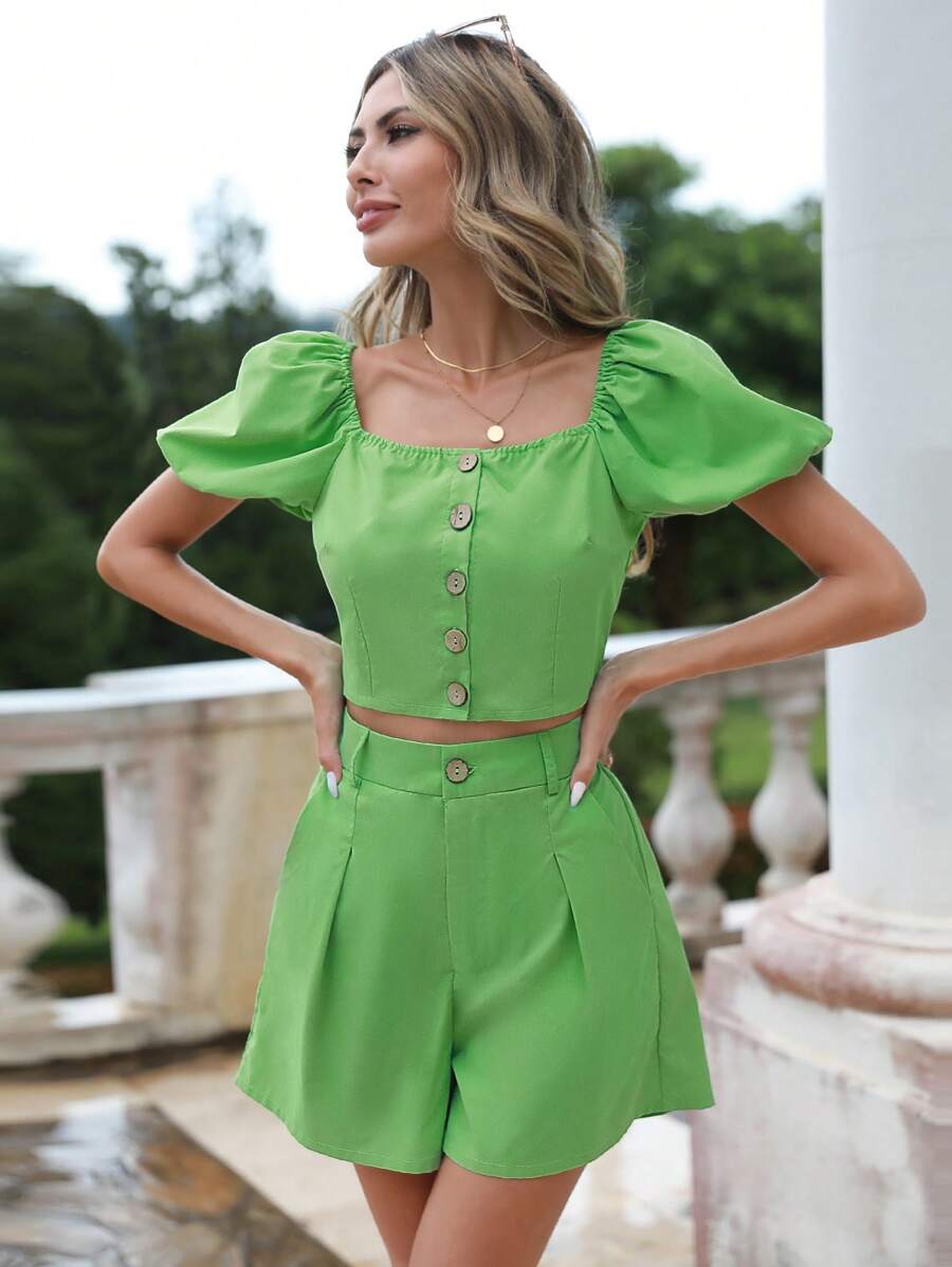 SHEIN Privé 泡泡袖前紐扣短款上衣&短褲 - 綠色 - 查看 1