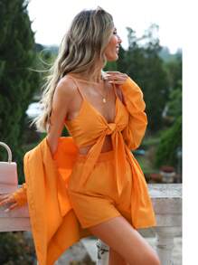 SHEIN Essnce Solid Knot Front Cami Top & Shirt & Shorts - Orange - View 3