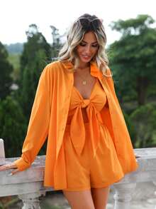 SHEIN Essnce Solid Knot Front Cami Top & Shirt & Shorts - Orange - View 5