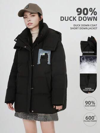 Letter Graphic Zip Up Hooded Down Coat