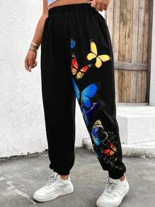 SHEIN LUNE Plus Butterfly Print Elastic Waist Trousers - Black - View 3