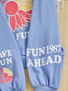 SHEIN Áo nỉ giữ nhiệt có dây rút, in họa tiết hoa và khẩu hiệu dành cho bé gái tuổi teen. - Màu xanh lam - Xem 3