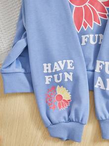 SHEIN Áo nỉ giữ nhiệt có dây rút, in họa tiết hoa và khẩu hiệu dành cho bé gái tuổi teen. - Màu xanh lam - Xem 4