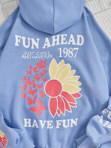 SHEIN Áo nỉ giữ nhiệt có dây rút, in họa tiết hoa và khẩu hiệu dành cho bé gái tuổi teen. - Màu xanh lam - Xem 5