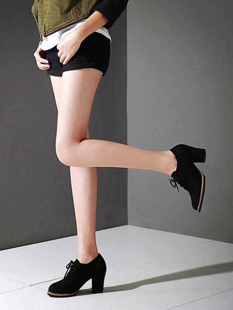 Women Lace-Up Front Point Toe Chunky Heeled Pumps Elegant Faux Suede Oxford Pumps, Women's Oxford Shoes With Black Sole & High Heel, Elegant Solid Color,Elegant
