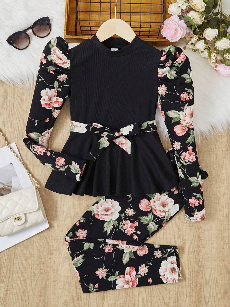 SHEIN Leap Crew 女大童印花泡泡袖腰帶T恤和緊身褲 - 彩色 - 查看 1