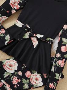 SHEIN Leap Crew 女大童印花泡泡袖腰帶T恤和緊身褲 - 彩色 - 查看 3