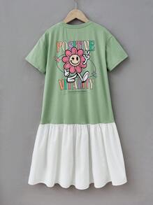 SHEIN Tween Girl Cartoon Graphic Contrast Ruffle Hem Smock Dress - Multicolor - View 1