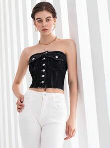 SHEIN Essnce Button Front Tube Denim Top