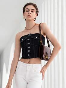 SHEIN Essnce Button Front Tube Denim Top