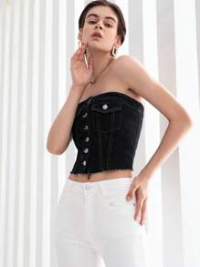 SHEIN Essnce Button Front Tube Denim Top
