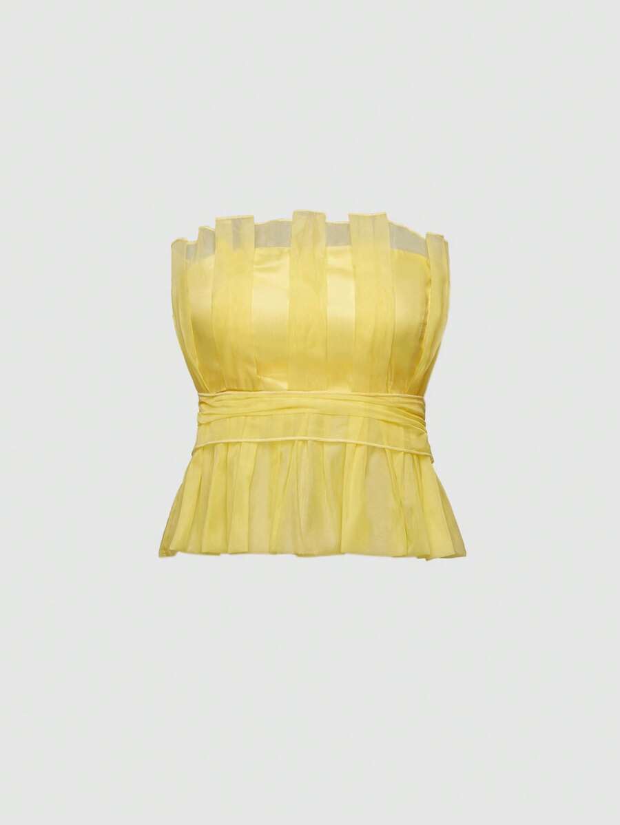 GENKIRA 素色荷葉邊抹胸上衣 - 黃色 - 查看 1