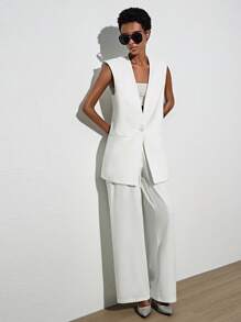 SHEIN BIZwear 素色馬甲西裝外套&褶皺細節闊腿褲 - 白色 - 查看 6