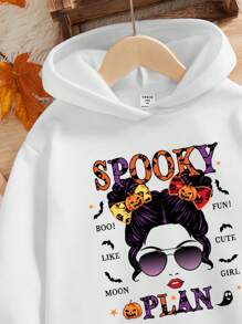 Teen Girl Figure & Letter Graphic Hooded Thermal Lined Sweatshirt - White - View 3