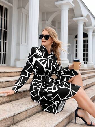 SHEIN Privé 幾何印花腰帶襯衫連衣裙